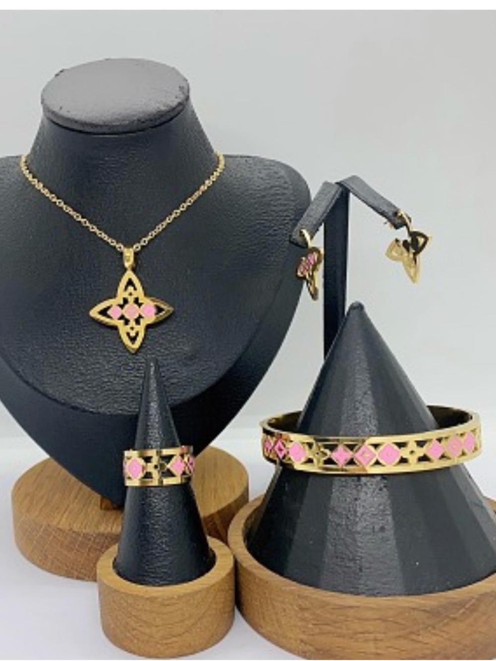 Gold and Pink Floral Motif Jewelry Set - Necklace, Bracelet, Ring, Earrings